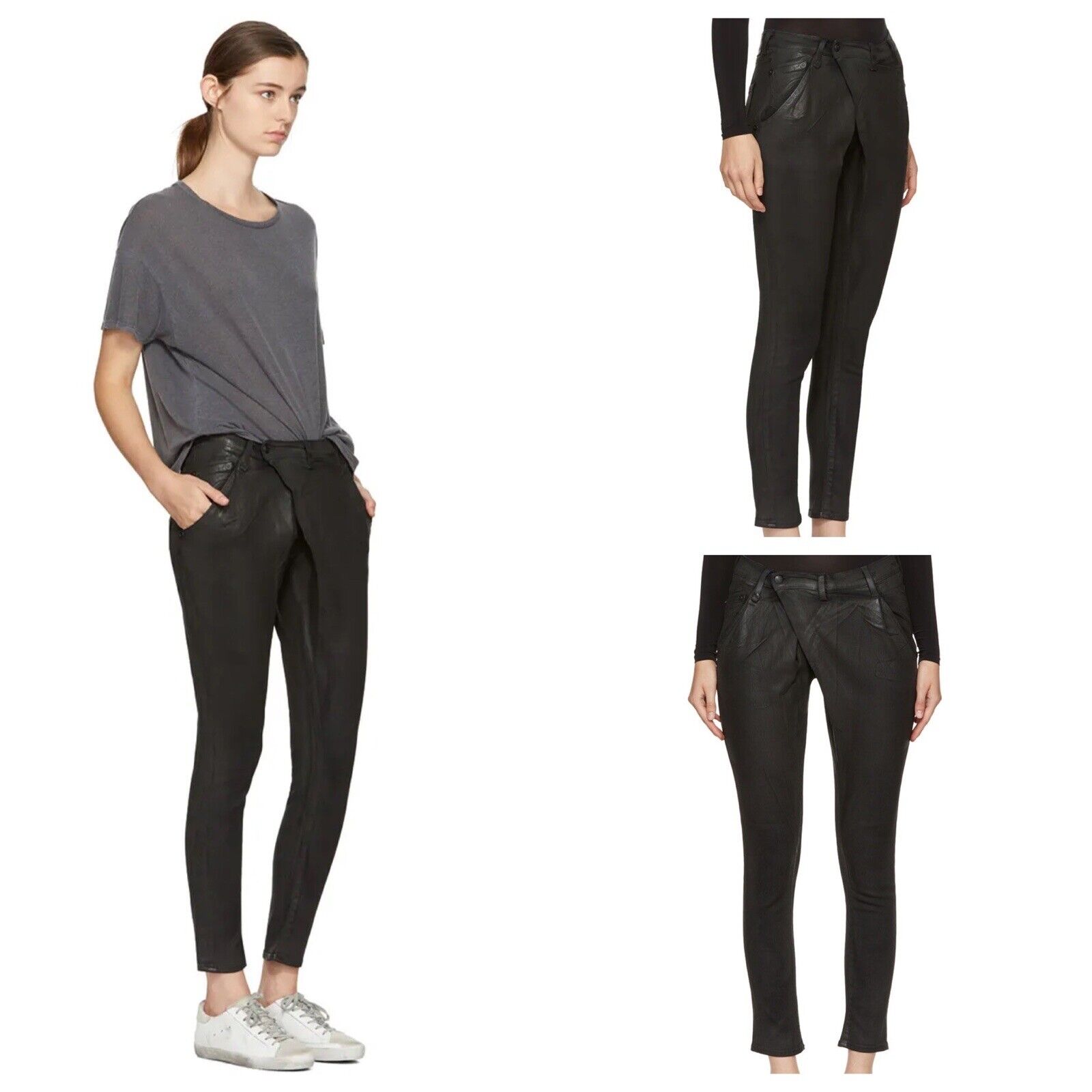 R13 Womens Black Waxed X-Over Skinny Jeans Size 25